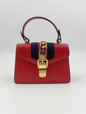 🚩steal Gucci Red Leather Top-Handle Satchel with Navy Stripe and Gold Chain